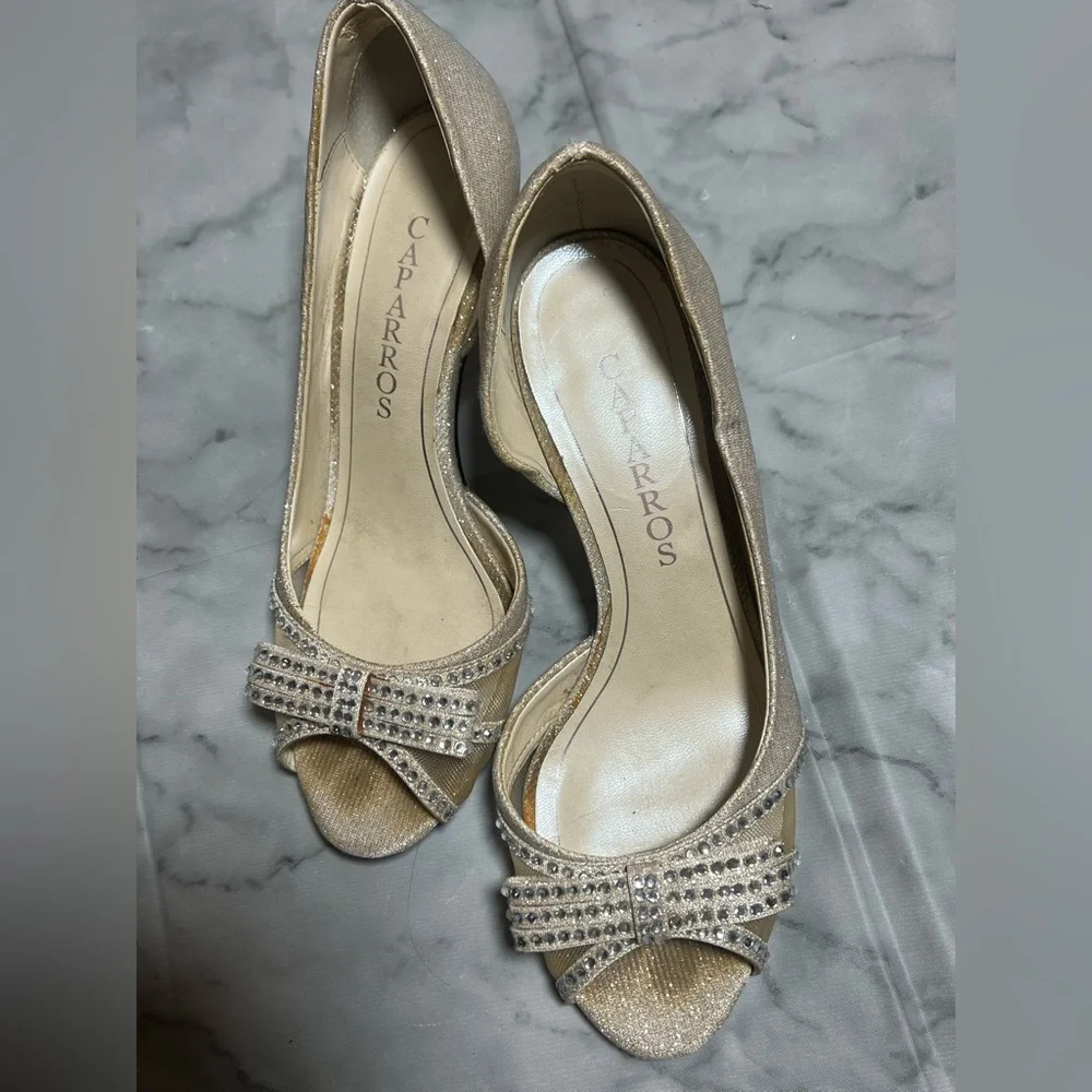 Sparkly Bow Peep Champagne Rhinestone Heels Formal Wedding Prom S 7.5 Capparos